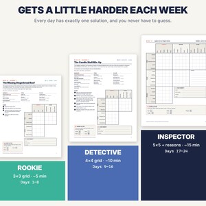 May include: Three logic puzzle worksheets titled The Missing Gingerbread Roof, The Candle Stall Mix-Up, and Lights Out on Maple Street. Each page features a grid, clues, and a secret letter box. Below are three colored squares labeled Rookie, Detective, and Inspector.