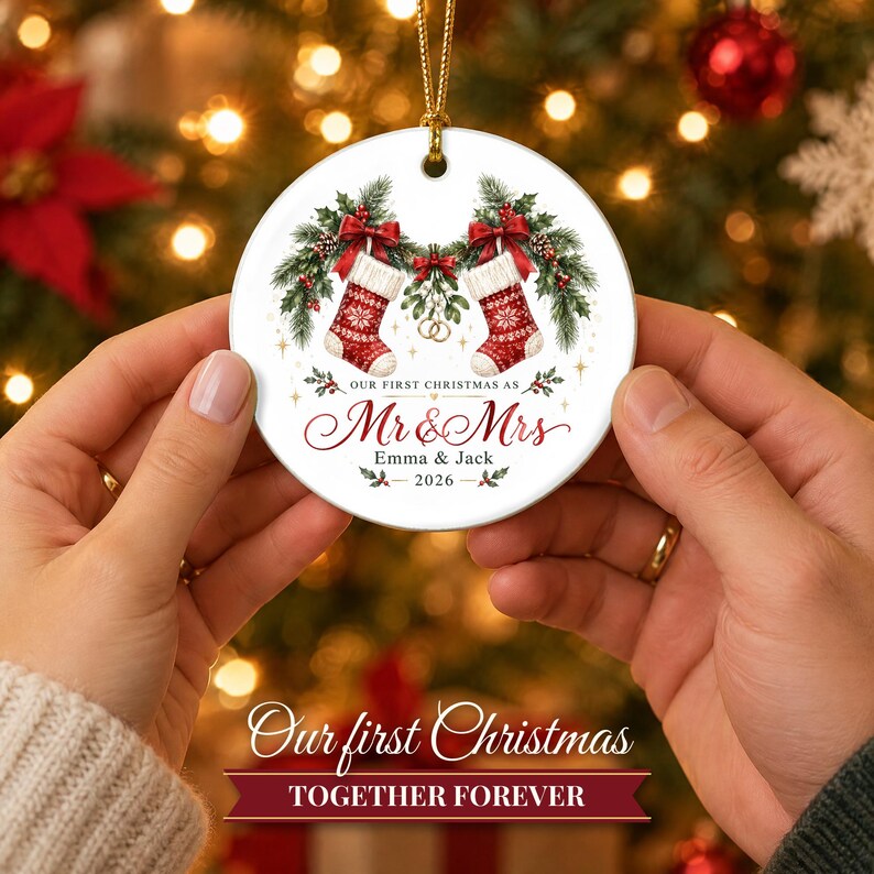Adorno navideño "Nuestra primera Navidad como casados ​​2026", recuerdo personalizado para el Sr. y la Sra., regalo para recién casados, regalo de boda para la pareja, calcetines navideños. imagen 6