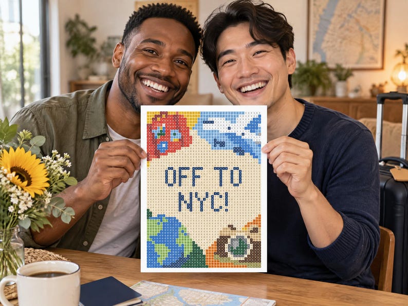 May include: A rectangular diamond painting craft project featuring the text OFF TO NYC! in dark blue pixels. The design includes a red suitcase, a blue airplane, a green and blue globe, and a brown camera, all rendered in a colorful pixelated style.