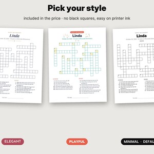 May include: Three printable retirement crossword puzzle sheets titled Pick your style. Each sheet features a grid, clues, and the name Linda with retirement dates. The styles are labeled Elegant, Playful, and Minimal Default at the bottom.
