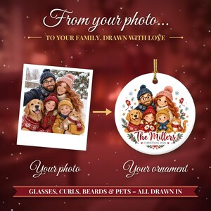 Family Christmas Ornament 2026 from Photo, 2 Sided Custom Cartoon Portrait with Pets and Names, Family of 4 5 6, Keepsake for Grandparents bild 2