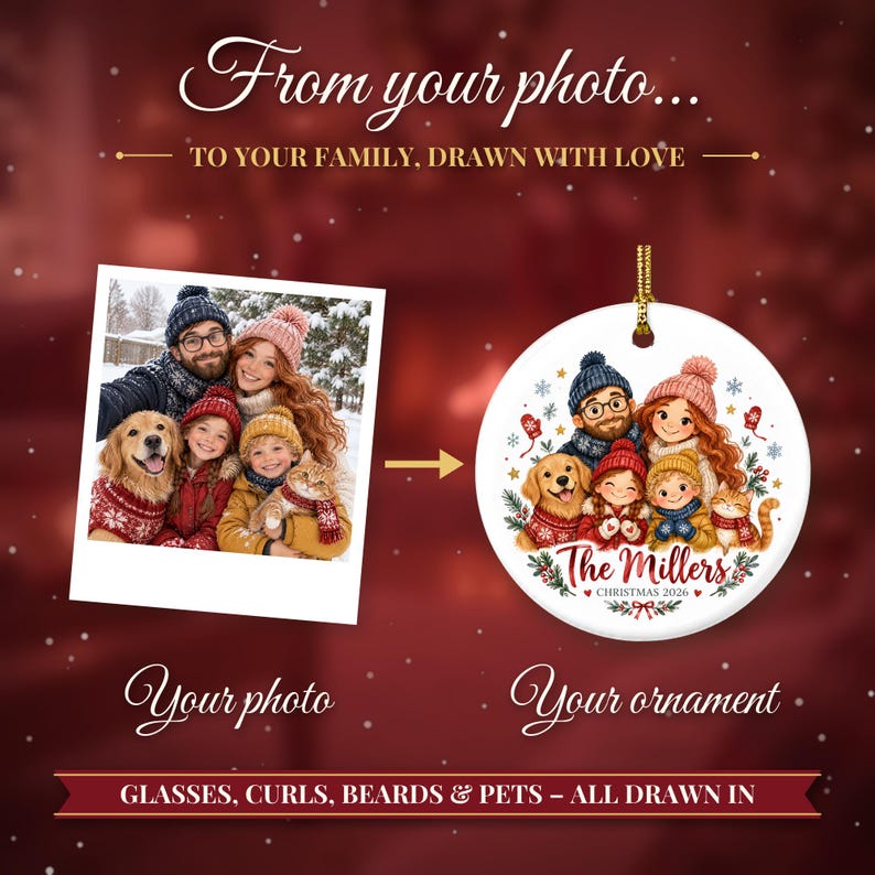 Family Christmas Ornament 2026 from Photo, 2 Sided Custom Cartoon Portrait with Pets and Names, Family of 4 5 6, Keepsake for Grandparents bild 2