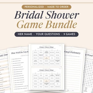 Puede incluir: Una colección de hojas de juegos impresas para despedida de soltera con títulos como Bridal Shower Game Bundle, Jake Said, Emma, How Well Do You Know, Emma's Shower Bingo, Emoji Pictionary y Wedding Word Search con texto negro en papel blanco.