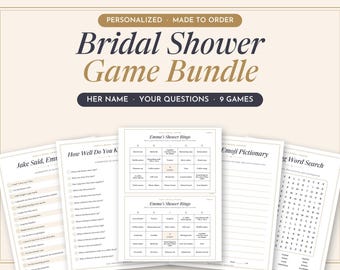 May include: A collection of printed bridal shower game sheets featuring titles such as Bridal Shower Game Bundle, Jake Said, Emma, How Well Do You Know, Emma's Shower Bingo, Emoji Pictionary, and Wedding Word Search with black text on white paper.