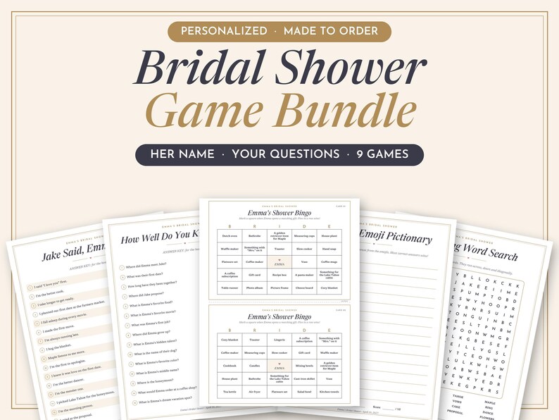 May include: A collection of printed bridal shower game sheets featuring titles such as Bridal Shower Game Bundle, Jake Said, Emma, How Well Do You Know, Emma's Shower Bingo, Emoji Pictionary, and Wedding Word Search with black text on white paper.
