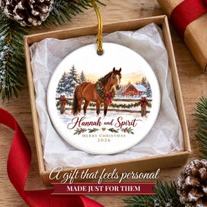Horse Ornament Christmas 2026, Horse Lover Gift for Girls, Equestrian Name Keepsake, Snowy Barn Country Ceramic Tree Decor for Rider image 6