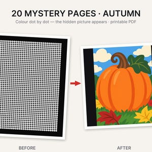 May include: A printable PDF titled 20 MYSTERY PAGES AUTUMN featuring a dot-to-dot activity. The before image shows a black grid with white numbered dots. The after image displays a completed colorful illustration of an orange pumpkin with green leaves.
