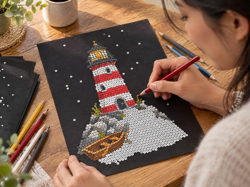May include: A black craft sheet featuring a sequin art project of a red and white striped lighthouse on a rocky base with a small brown boat. The design includes a yellow light at the top, grey rocks, and white accents, with scattered sequins.