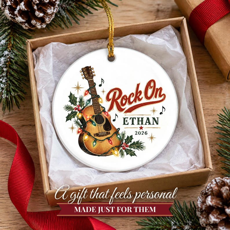 Guitar Ornament Christmas 2026, Guitar Player Gift for Musician, Rock On Custom Name Keepsake, Acoustic Lights Music Lover Ceramic Decor image 6