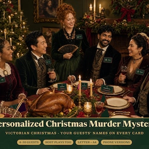 May include: A group of six people in Victorian-style attire seated at a dinner table with a roasted turkey, candles, and place cards. Text reads: Personalized Christmas Murder Mystery, Victorian Christmas, Your guests' names on every card.
