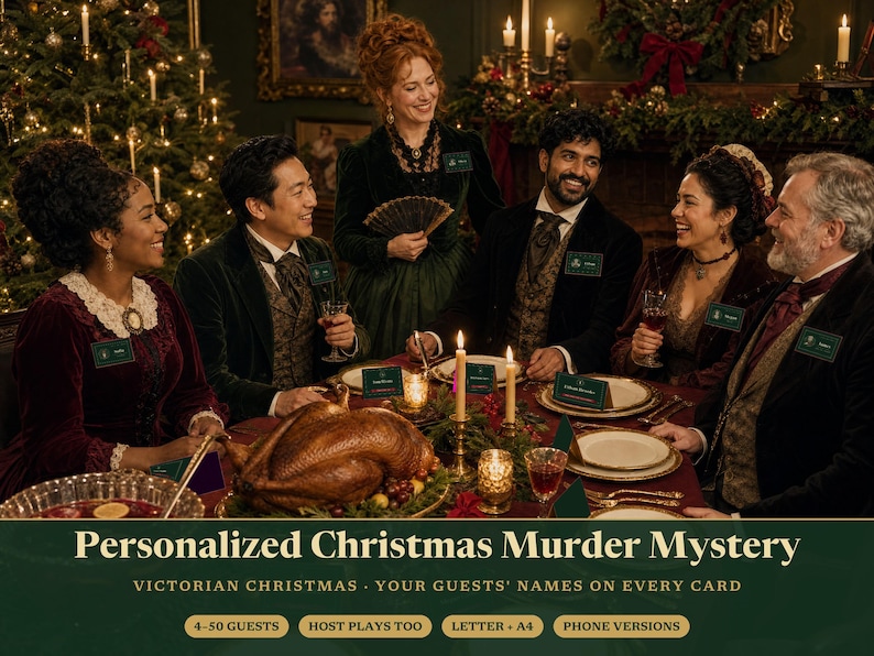 May include: A group of six people in Victorian-style attire seated at a dinner table with a roasted turkey, candles, and place cards. Text reads: Personalized Christmas Murder Mystery, Victorian Christmas, Your guests' names on every card.