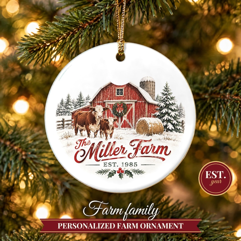 Farm Ornament Christmas 2026, Red Barn Family Name Est Keepsake, Farmhouse Cows Hay Bale Country Decor, Farmer Gift Ceramic Ornament image 1