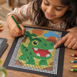 May include: A colour-by-number activity sheet featuring a green dragon illustration on a black background, with numbered circles to be filled in. The sheet is surrounded by several coloured pencils on a wooden surface, with a stack of similar sheets nearby.