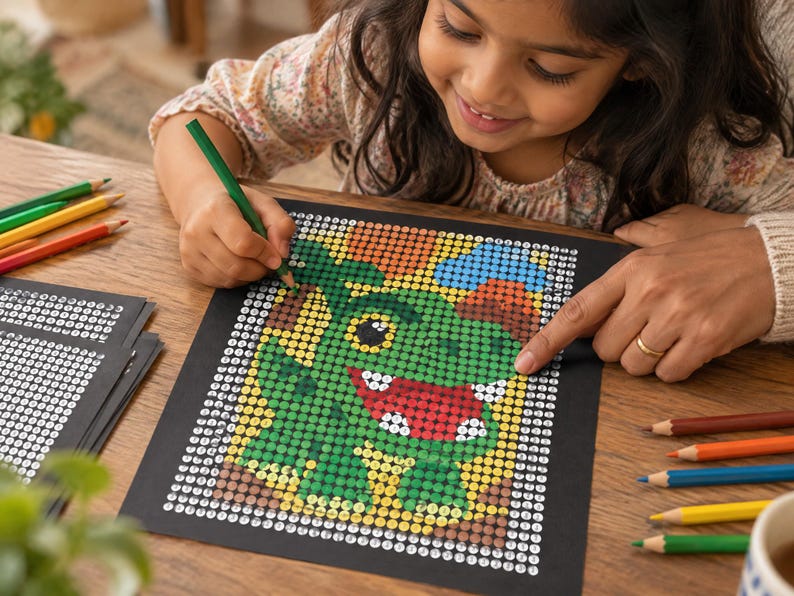 May include: A colour-by-number activity sheet featuring a green dragon illustration on a black background, with numbered circles to be filled in. The sheet is surrounded by several coloured pencils on a wooden surface, with a stack of similar sheets nearby.