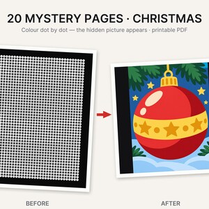 May include: A printable PDF titled 20 MYSTERY PAGES CHRISTMAS featuring a dot-to-dot activity. The before image shows a grid of white dots on a black background. The after image shows a completed red Christmas ornament with yellow stars.