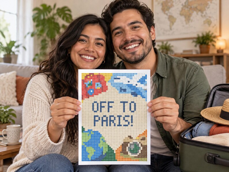 May include: A rectangular diamond painting canvas featuring the text OFF TO PARIS! in blue block letters. The design includes a red suitcase, a blue airplane, a green and blue globe, and a brown camera, all rendered in a pixelated grid pattern.