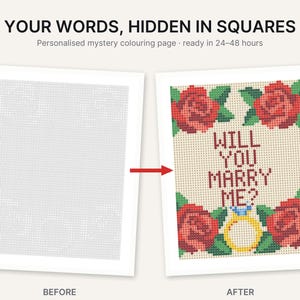 Puede incluir: Una p&aacute;gina para colorear misteriosa personalizada titulada YOUR WORDS, HIDDEN IN SQUARES. La imagen muestra una comparaci&oacute;n de antes y despu&eacute;s de un dise&ntilde;o de cuadr&iacute;cula. La versi&oacute;n despu&eacute;s presenta rosas rojas, hojas verdes y un anillo con el texto WILL YOU MARRY ME?