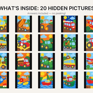 May include: A grid of 20 colorful illustrations featuring various vehicles including construction equipment, planes, trains, and boats. The text at the top reads WHAT'S INSIDE: 20 HIDDEN PICTURES and Answers included &mdash; no peeking! in black font.
