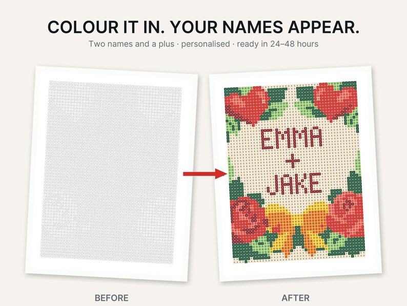 Op de afbeelding: Een gepersonaliseerde kunstprint op basis van een raster die een voor-en-na-transformatie toont. De linkerkant is een leeg raster en de rechterkant bevat een gekleurd ontwerp met de tekst EMMA + JAKE, rode harten, rode rozen en een gele strik.