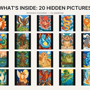 May include: A grid of 20 colourful illustrations featuring mythical creatures and animals, titled WHAT'S INSIDE: 20 HIDDEN PICTURES. The collection includes images of a fox, eagle, octopus, dragon, lion, rooster, bigfoot, cerberus, elephant, and others.