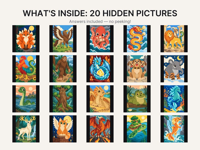 May include: A grid of 20 colourful illustrations featuring mythical creatures and animals, titled WHAT'S INSIDE: 20 HIDDEN PICTURES. The collection includes images of a fox, eagle, octopus, dragon, lion, rooster, bigfoot, cerberus, elephant, and others.