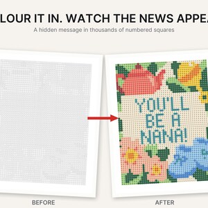 May include: A color-by-number activity sheet featuring a before and after view. The text reads COLOUR IT IN. WATCH THE NEWS APPEAR. A hidden message in thousands of numbered squares. The finished image displays YOU'LL BE A NANA! with a teapot, rattle, and flowers.