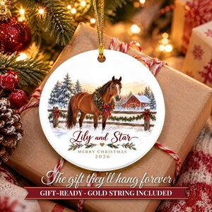 Horse Ornament Christmas 2026, Horse Lover Gift for Girls, Equestrian Name Keepsake, Snowy Barn Country Ceramic Tree Decor for Rider image 11