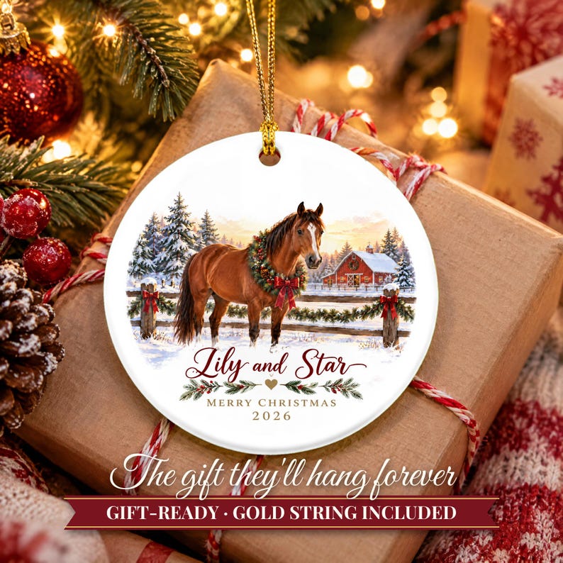 Horse Ornament Christmas 2026, Horse Lover Gift for Girls, Equestrian Name Keepsake, Snowy Barn Country Ceramic Tree Decor for Rider image 11