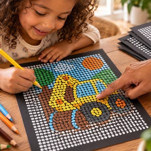 May include: A square activity sheet featuring a dot-to-dot or color-by-number design on black paper. The image depicts a yellow construction excavator with blue accents, a bright orange sun, and green trees, all composed of small, circular color-coded dots.