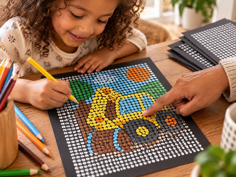 May include: A square activity sheet featuring a dot-to-dot or color-by-number design on black paper. The image depicts a yellow construction excavator with blue accents, a bright orange sun, and green trees, all composed of small, circular color-coded dots.