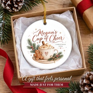 Coffee Lover Gift Christmas Ornament 2026, Latte Cup of Cheer Custom Name Keepsake, Gingerbread Cookie Barista Ceramic Tree Decor for Her image 6