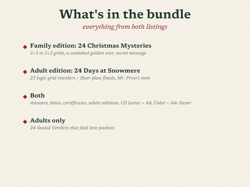 May include: A text-based list titled What's in the bundle, everything from both listings. It includes Family edition: 24 Christmas Mysteries, Adult edition: 24 Days at Snowmere, Both with answers, hints, certificates, and Adults only 24 Sealed Verdicts.