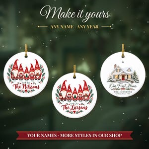 Gnome Family Ornament Christmas 2026, Scandinavian Tomte Family of Five Names Keepsake, Nordic Gnomes Custom Gift, Ceramic Tree Decor image 3