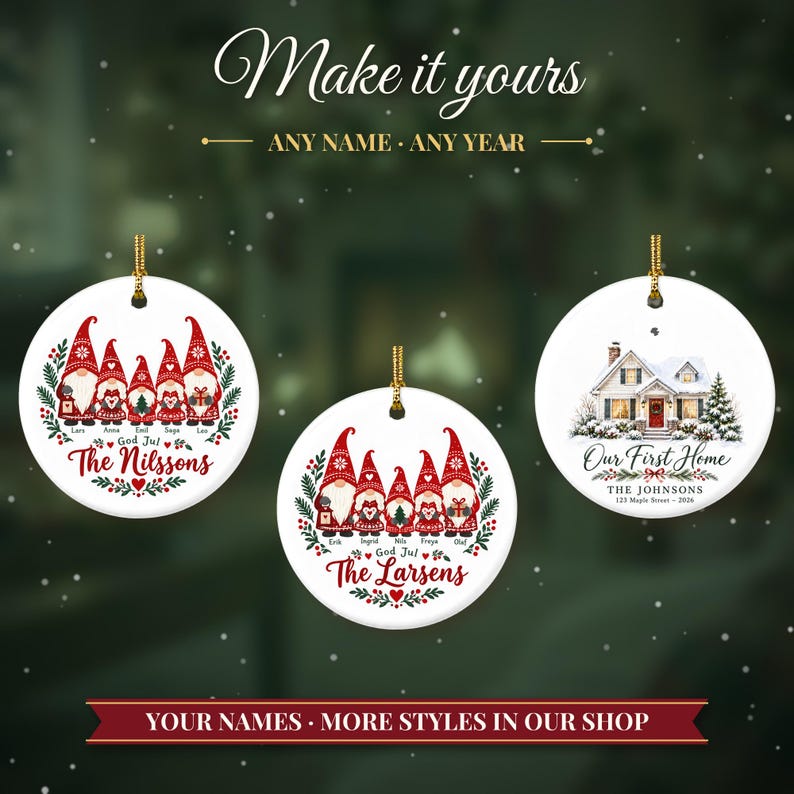 Gnome Family Ornament Christmas 2026, Scandinavian Tomte Family of Five Names Keepsake, Nordic Gnomes Custom Gift, Ceramic Tree Decor image 3