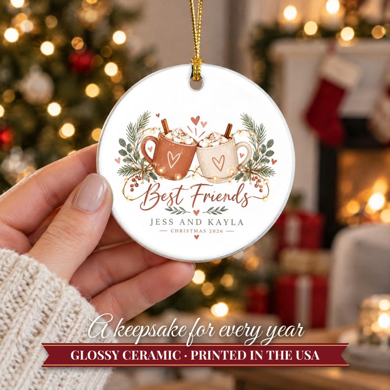 Best Friend Ornament Christmas 2026, Friendship Gift for Her, Besties Two Names Keepsake, Hot Cocoa Mugs Soul Sister Ceramic Tree Decor image 12