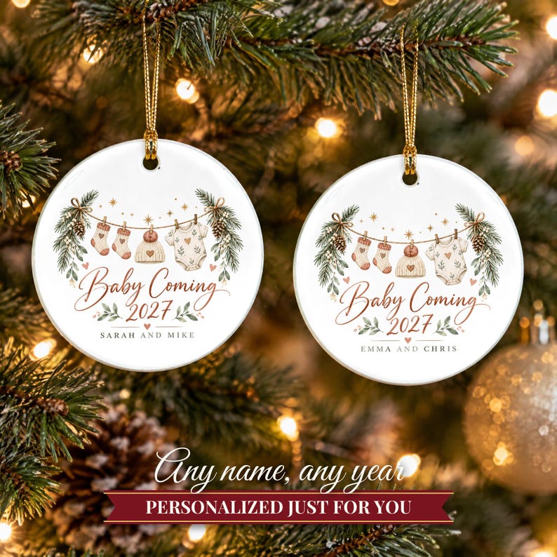 Pregnancy Announcement Ornament, Baby Coming 2027 Christmas Reveal, Expecting Parents Gift, Baby on the Way Keepsake with Name image 9