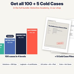May include: A digital bundle of 100 cold cases and 5 additional files titled Detective Academy. The graphic shows four difficulty levels: Rookie, Detective, Inspector, and Mastermind, alongside a sample case file labeled The Hollowmere House Affair.