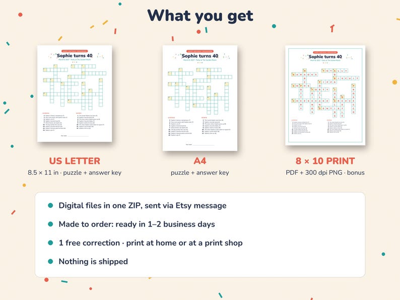 Puede incluir: Tres hojas de crucigramas imprimibles tituladas Sophie turns 40, disponibles en formatos US Letter de 8.5 x 11 pulgadas, A4 y 8 x 10 pulgadas. La imagen muestra los dise&ntilde;os de los rompecabezas, las claves de respuestas y opciones de archivos.