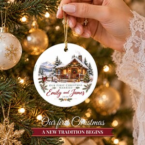 First Christmas Married Ornament 2026, Winter Cabin Mr and Mrs Keepsake, Newlywed Gift for Couple, Custom Wedding Ornament image 6
