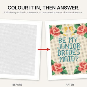 May include: A printable activity sheet featuring a grid of numbered squares. The before version is blank, while the after version reveals the text BE MY JUNIOR BRIDES MAID? surrounded by pixelated pink roses, green leaves, and two yellow champagne glasses.