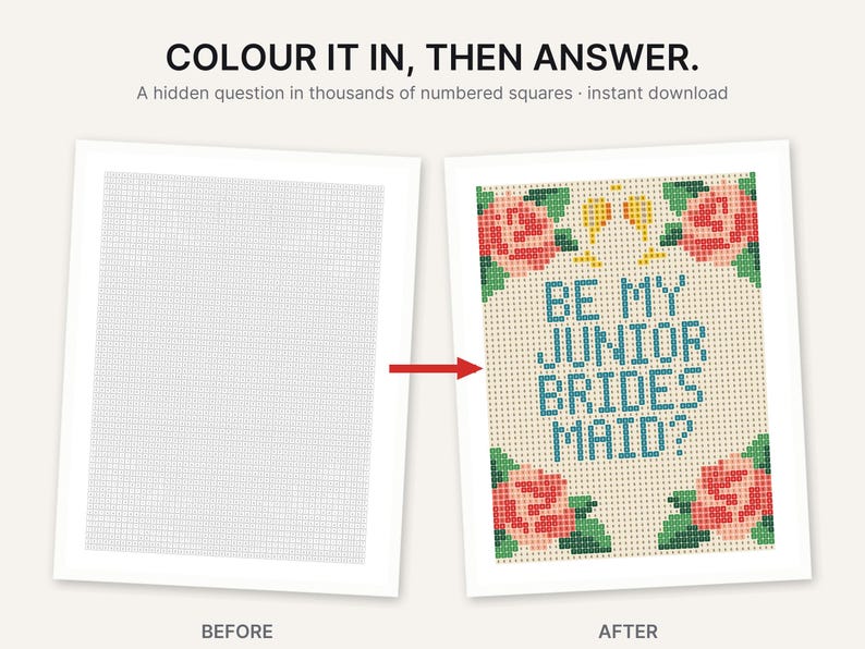 May include: A printable activity sheet featuring a grid of numbered squares. The before version is blank, while the after version reveals the text BE MY JUNIOR BRIDES MAID? surrounded by pixelated pink roses, green leaves, and two yellow champagne glasses.
