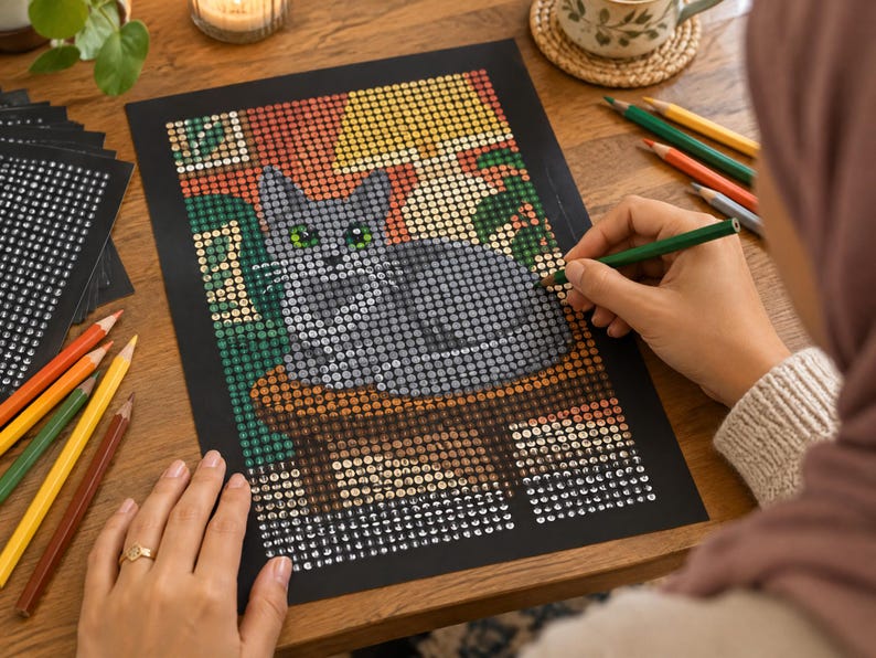 Pu&ograve; includere: Un progetto artistico rettangolare su carta nera con una griglia di piccoli adesivi circolari che formano un gatto grigio con occhi verdi. Il gatto &egrave; seduto su una superficie marrone davanti a uno sfondo di forme gialle e verdi.