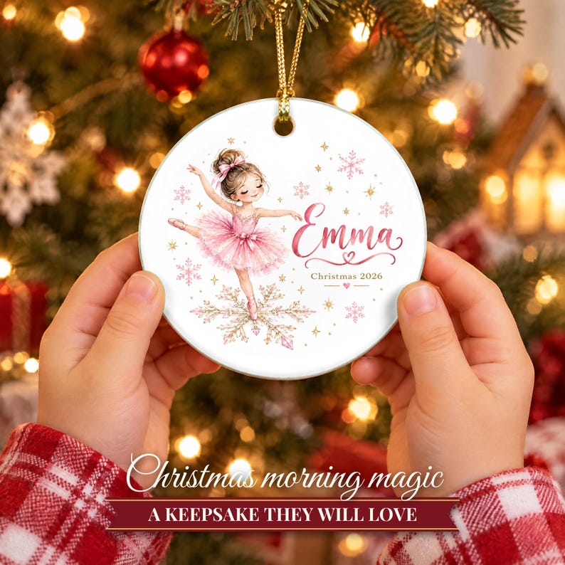 Ballerina Ornament Christmas 2026, Ballet Gift for Girls, Dancer Name Keepsake, Pink Tutu Snowflake Dance Recital Ceramic Tree Ornament image 6