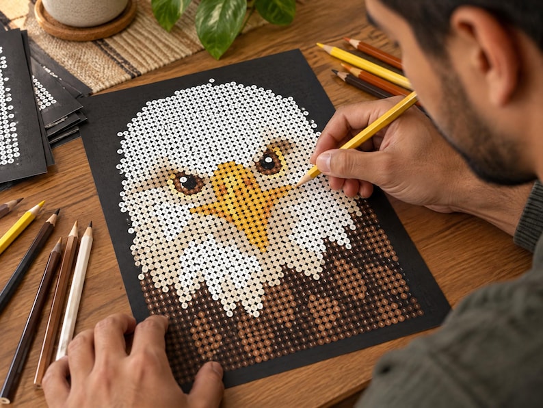 May include: A diamond painting kit featuring a bald eagle portrait on a black background. The design uses white, yellow, and brown circular resin drills to form the eagle's head and beak. A yellow stylus is used to place the small pieces onto the grid.