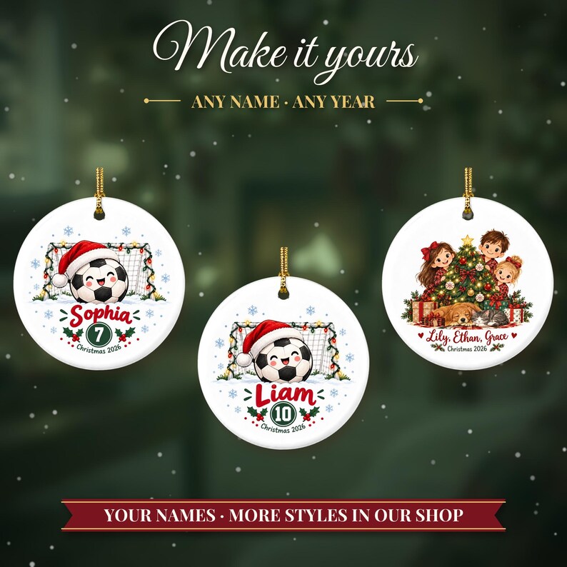 Soccer Ornament Christmas 2026, Soccer Player Gift for Boys Girls, Santa Hat Ball Custom Name Keepsake, Kids Sports Ceramic Tree Decor afbeelding 3