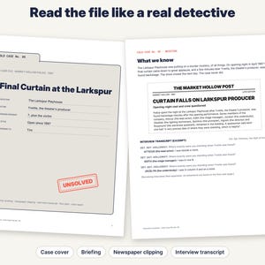 May include: Two white pages from a cold case file titled Final Curtain at the Larkspur. The left page is a case file folder with details about the victim and a red UNSOLVED stamp. The right page contains a briefing, a newspaper clipping, and an interview transcript.