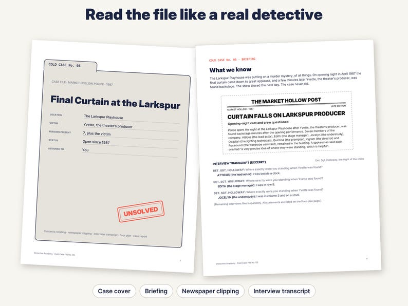May include: Two white pages from a cold case file titled Final Curtain at the Larkspur. The left page is a case file folder with details about the victim and a red UNSOLVED stamp. The right page contains a briefing, a newspaper clipping, and an interview transcript.