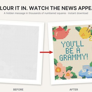 May include: A color-by-number activity sheet featuring the text COLOUR IT IN. WATCH THE NEWS APPEAR. A hidden message in thousands of numbered squares. The before image shows a grid of numbers, and the after image reveals the text YOU'LL BE A GRAMMY! with illustrations of a red teapot, yellow lemon, pink flowers, and a blue teacup.