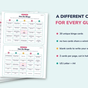 May include: A set of printable Hen Do Bingo game cards featuring a grid with the word BRIDE at the top. The text includes A DIFFERENT CARD FOR EVERY GUEST, 20 unique bingo cards, no two cards share a winning line, blank cards to write your own, 2 cards per page, cut in half, and US Letter + A4.