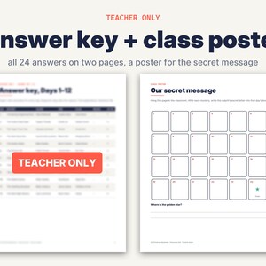 May include: A teacher resource set featuring an answer key for days 1-12 and a class poster titled Our secret message. The poster contains a grid of 24 numbered boxes, with a green star in box 24 and two lines at the bottom for a written response.